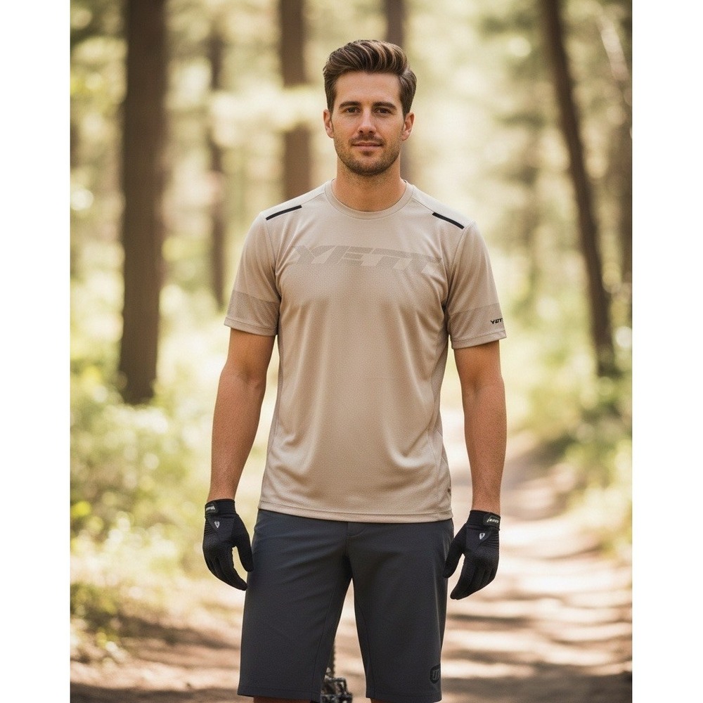 Yeti Cycles TURQ Mens Large MTB Jersey‎ Tan Short Sleeve Performance Trail Shirt
